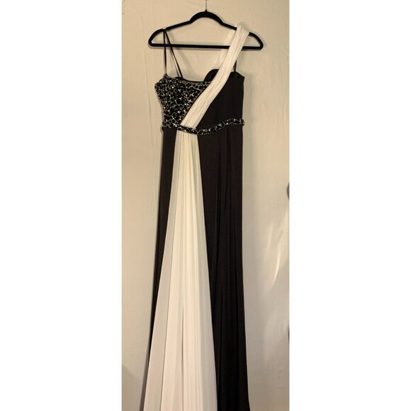 IMPERO COUTURE Euro size 46 Designer Formal Gown Black White Beaded One Shoulder - Picture 3 of 13